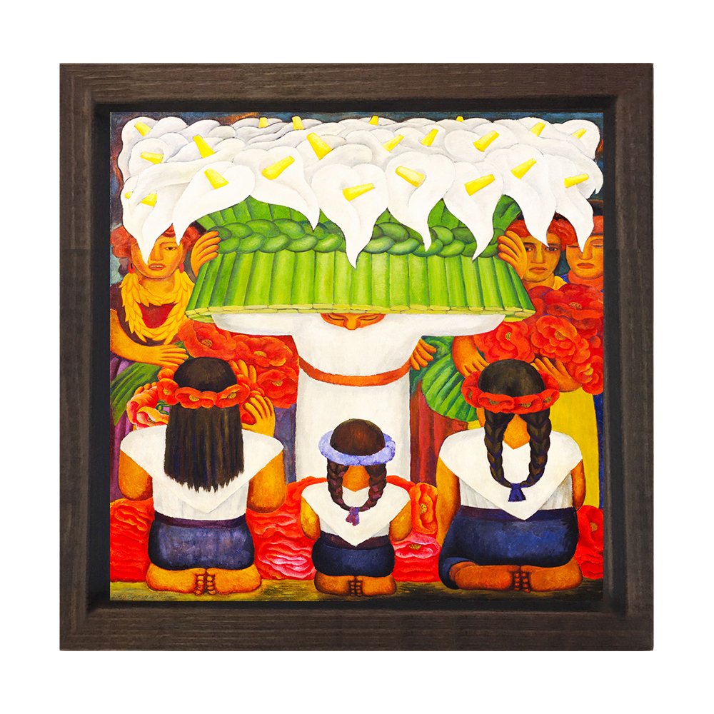 Çiçekci Ve Çoçuklar Tablosu Kahverengi Ahşap Çerçeve - 80x80