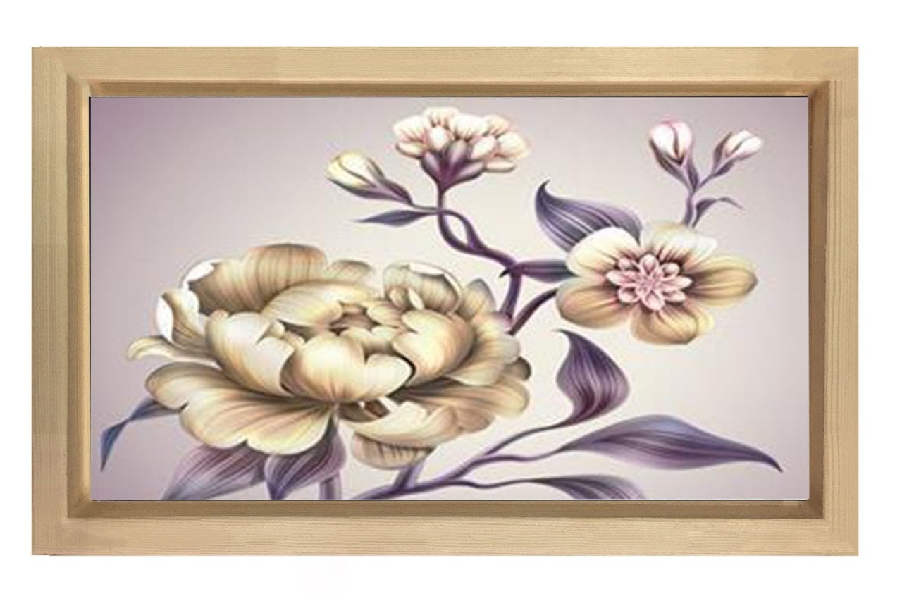 Beyaz Gül Çiçekler Tablosu Naturel Ahşap Çerçeve - 50x70