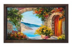 Çiçekler Ve Su  Manzarası Tablosu Kahverengi Ahşap - 100x200
