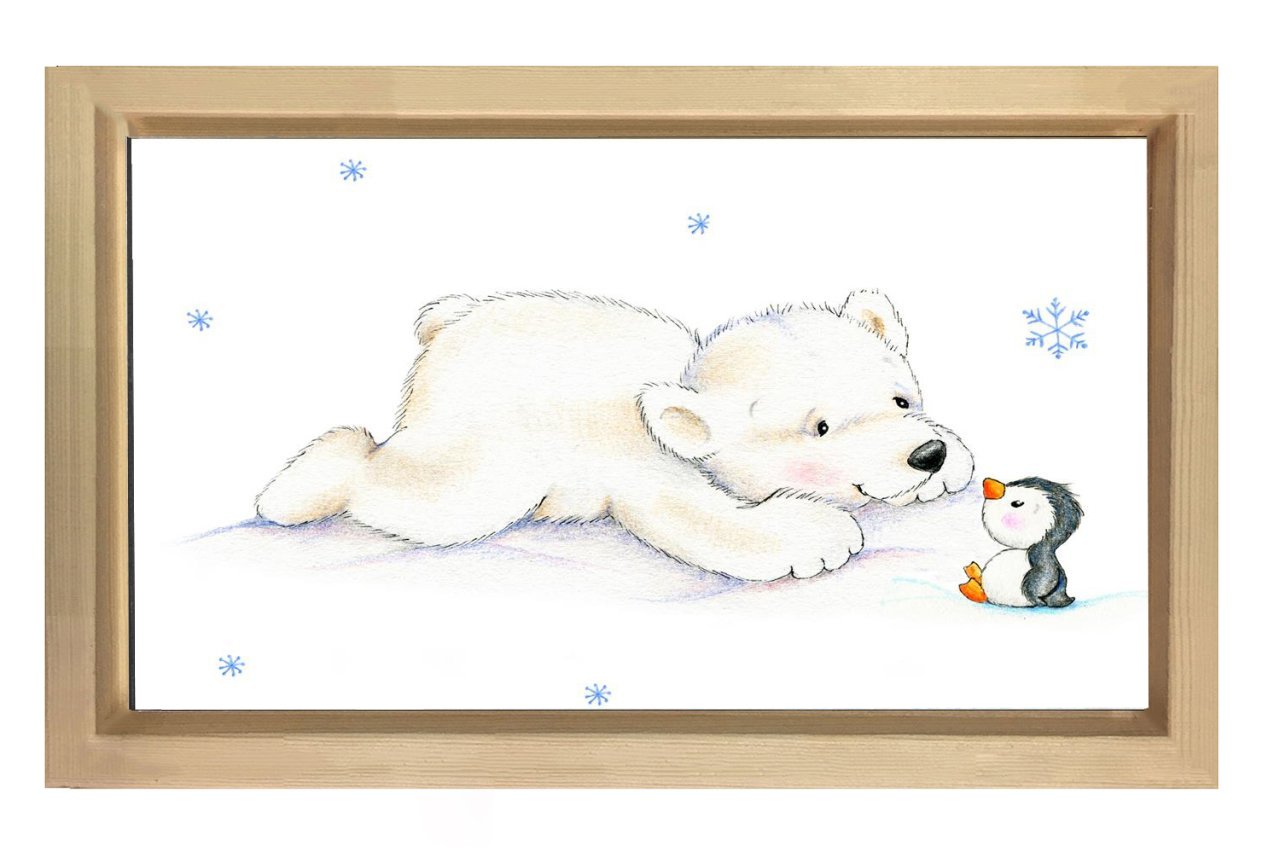 Sevimli Kutup Ayısı Ve Penguen Tablosu Naturel Ahşap Çerçeve - 40x60