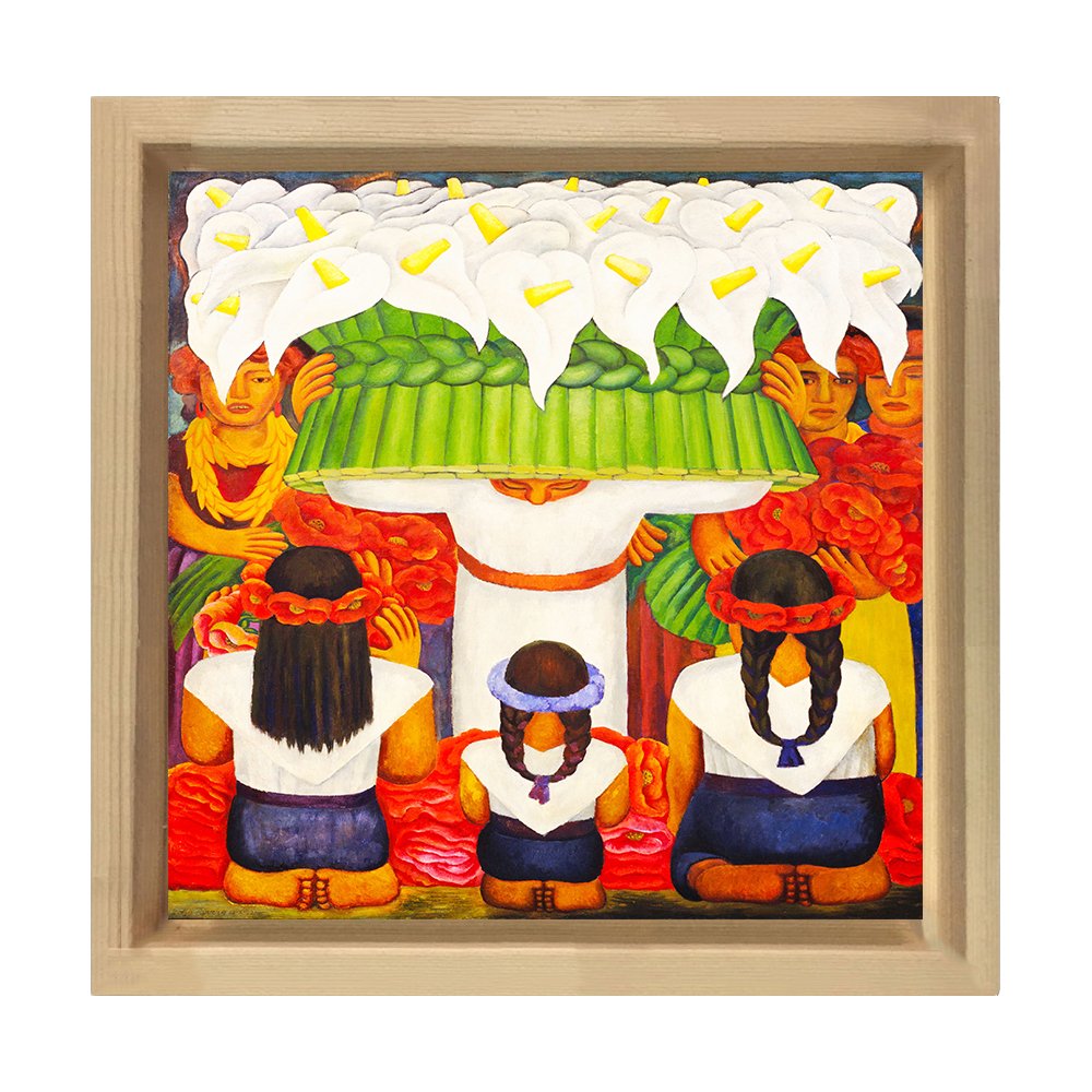 Çiçekci Ve Çoçuklar Tablosu Naturel Ahşap Çerçeve - 40x40