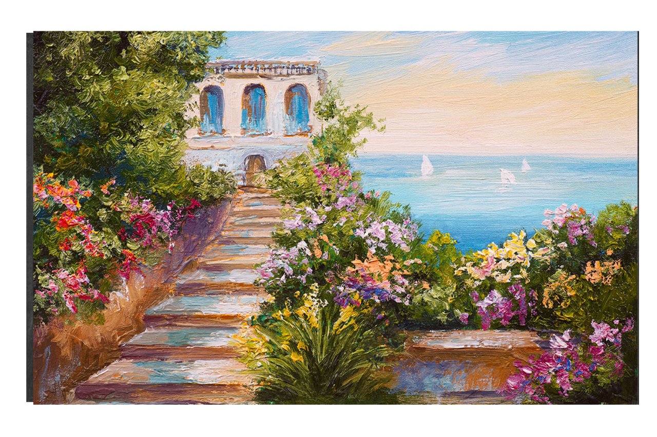 Çiçekli Manzara Yağlıboya Tablosu Çerçevesiz - 45x30