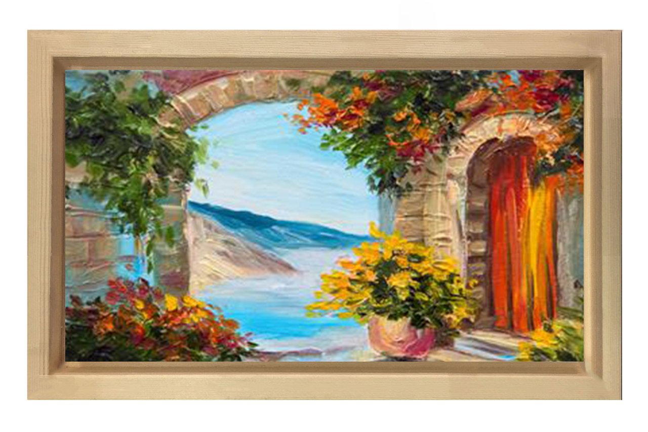 Çiçekler Ve Su  Manzarası Tablosu Naturel Ahşap - 100x150