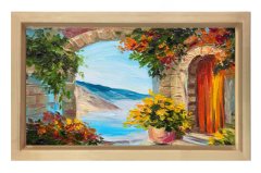 Çiçekler Ve Su  Manzarası Tablosu Naturel Ahşap - 100x150