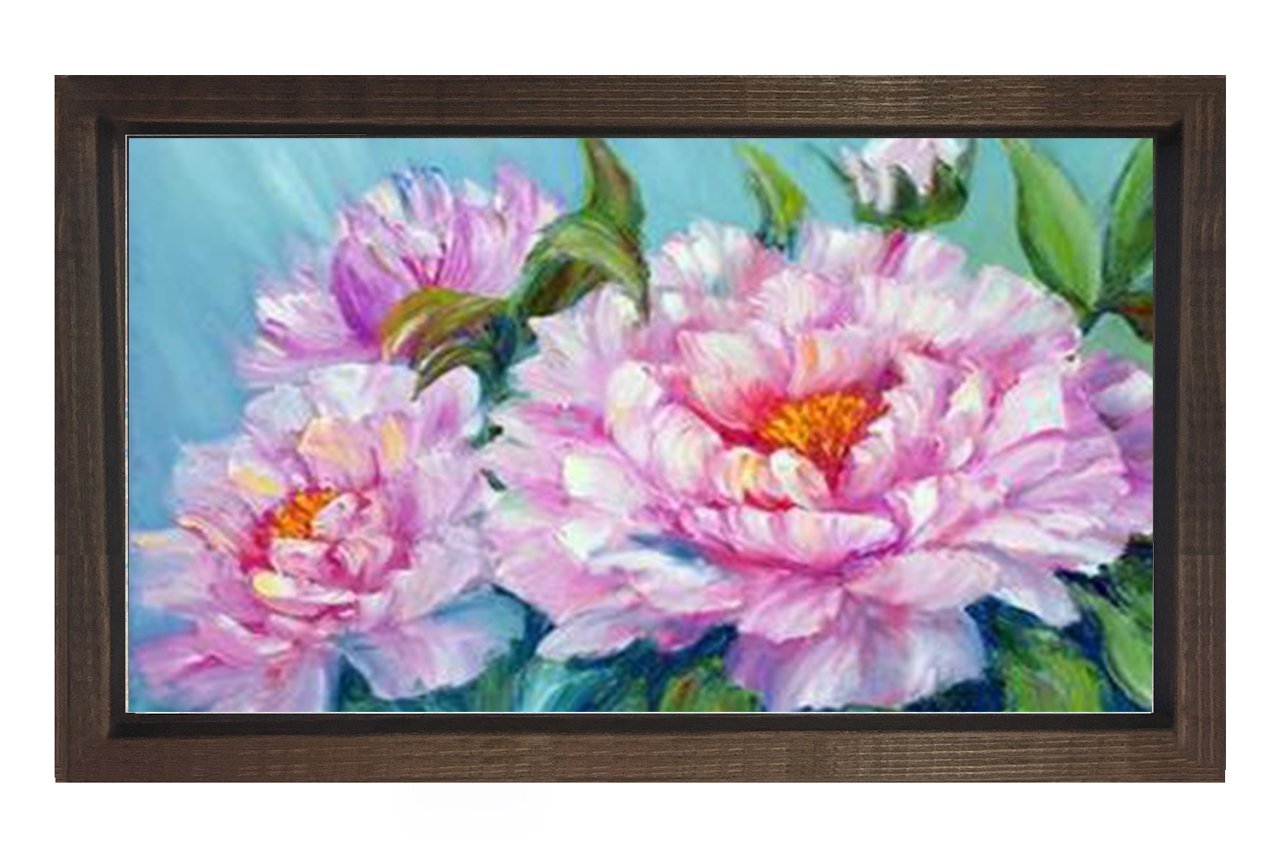 Pembe Mor Çiçek Gülleri Tablosu Kahverengi Ahşap Çerçeve - 100x150