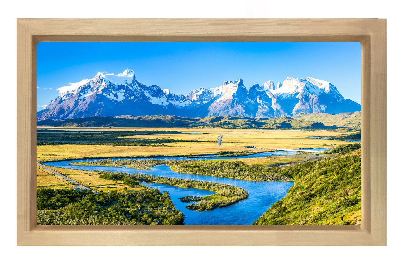 Karlı Dağ Ova Manzarası Tablosu Naturel Ahşap Çerçeve - 100x150