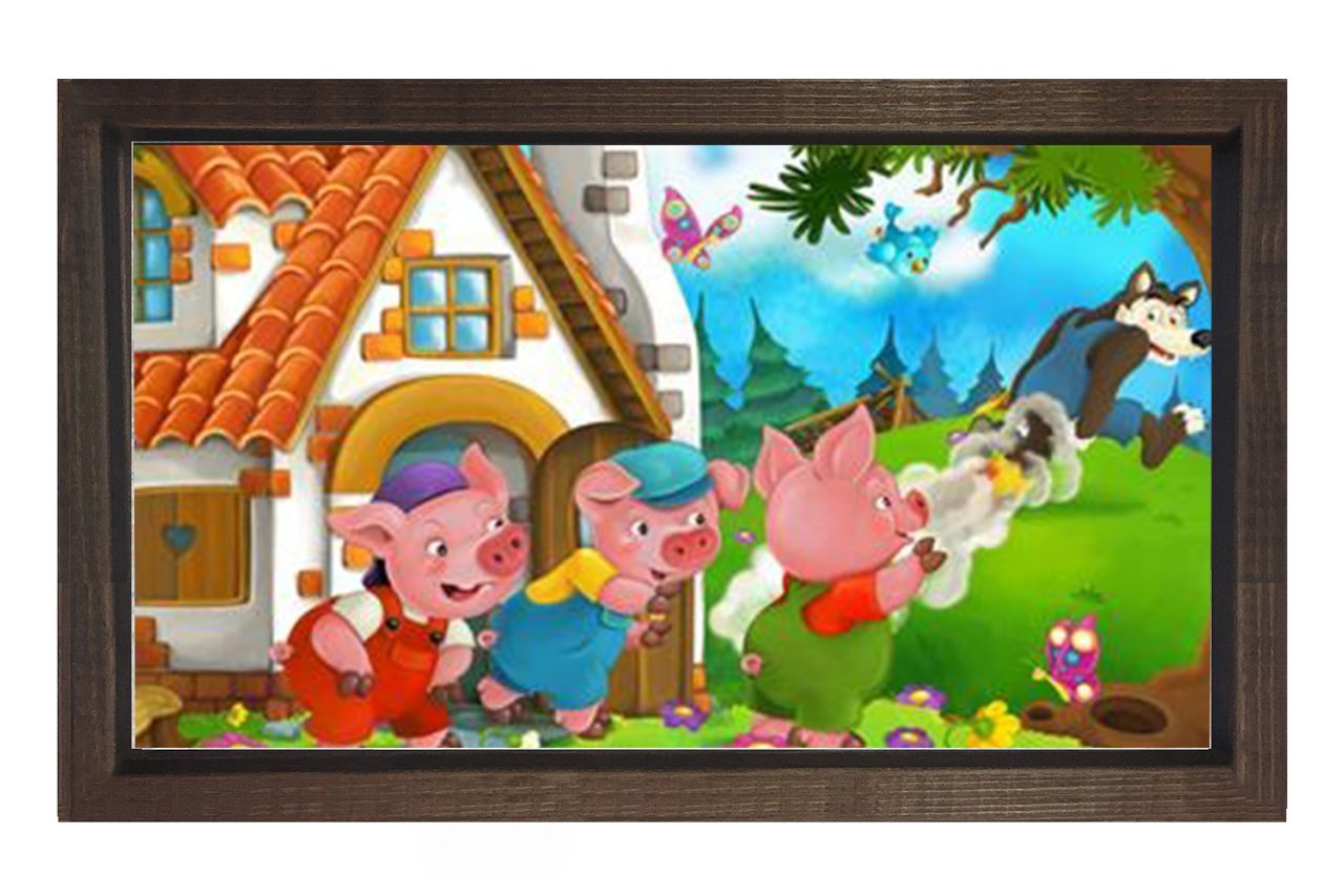 Üç Küçük Domuzcuk Ve Kurt Tablosu Kahverengi Ahşap Çerçeve - 100x150