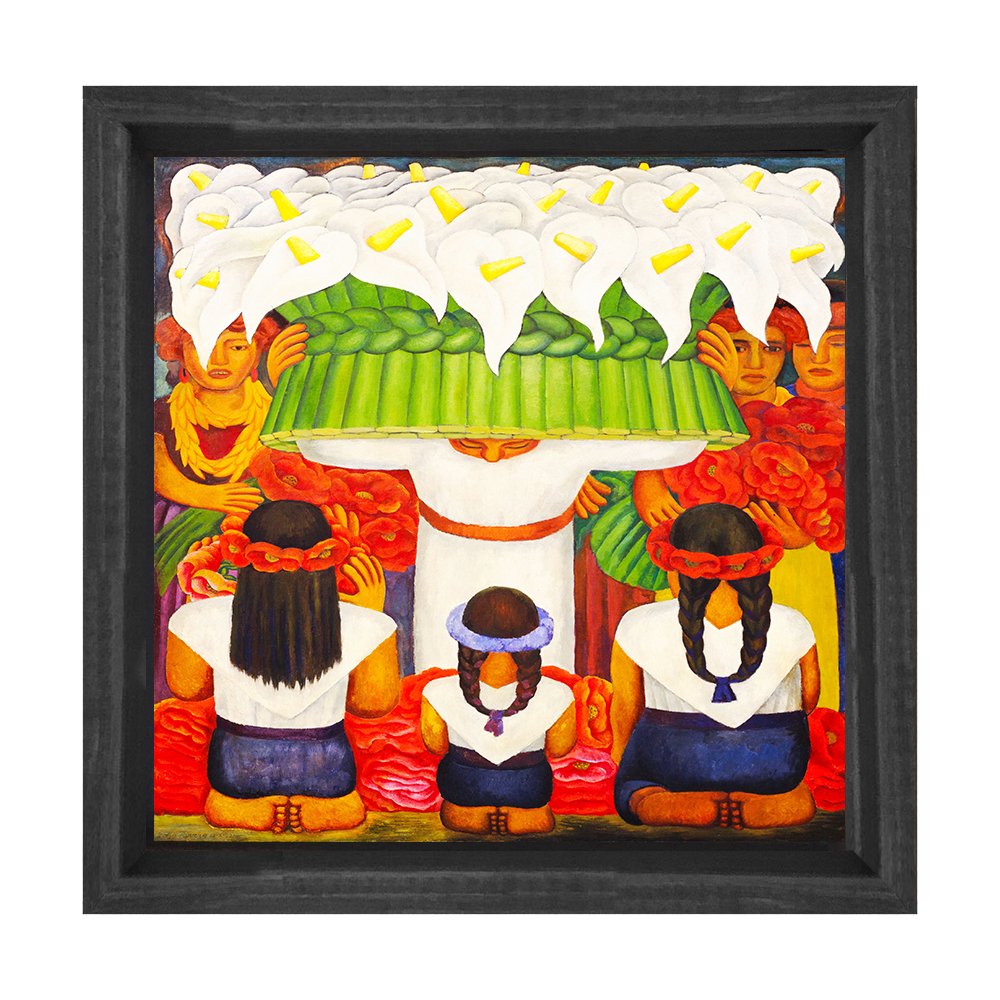 Çiçekci Ve Çoçuklar Tablosu Siyah Ahşap Çerçeve - 30x30