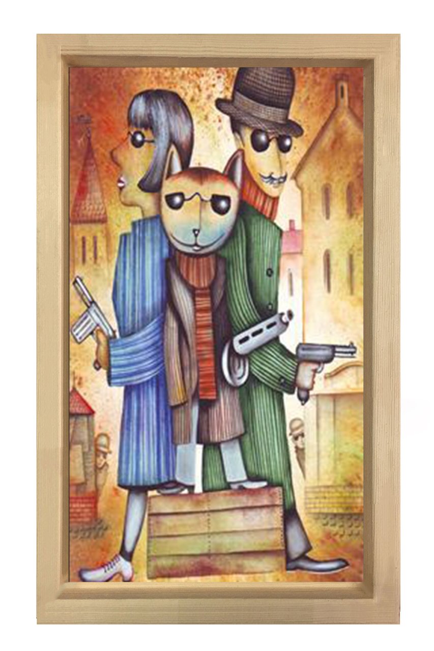 Kedi ve Silahşörler Tablosu Naturel Ahşap Çerçeve - 45x30