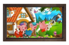 Üç Küçük Domuzcuk Ve Kurt Tablosu Kahverengi Ahşap Çerçeve - 100x200
