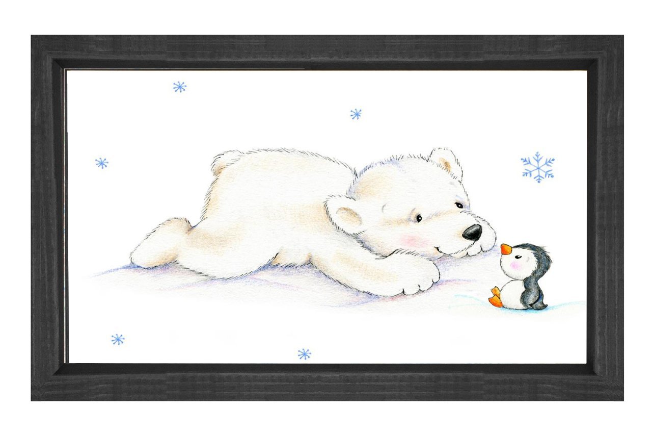 Sevimli Kutup Ayısı Ve Penguen Tablosu Siyah Ahşap Çerçeve - 50x70