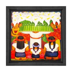 Çiçekci Ve Çoçuklar Tablosu Siyah Ahşap Çerçeve - 50x50