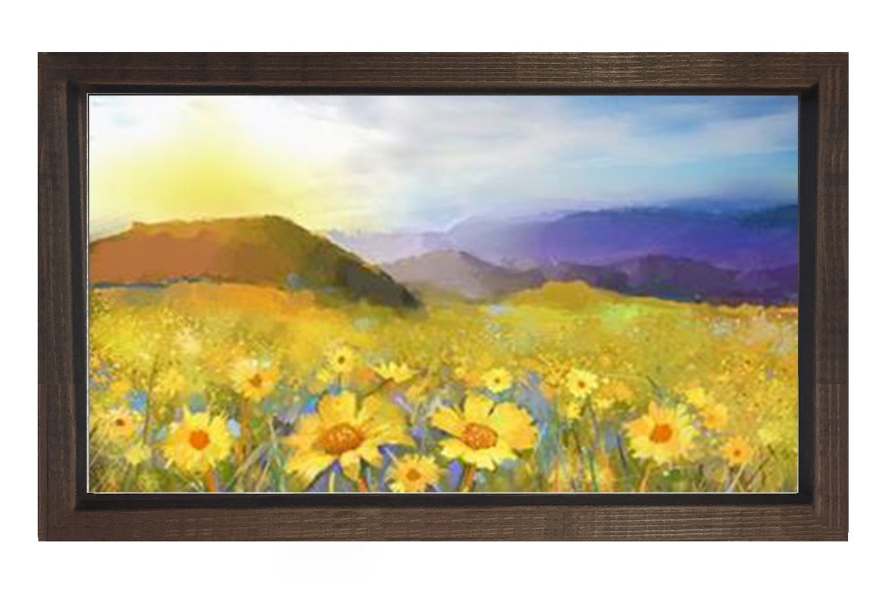 Sarı Papatyalar Manzara Tablosu Kahverengi Ahşap - 45x30