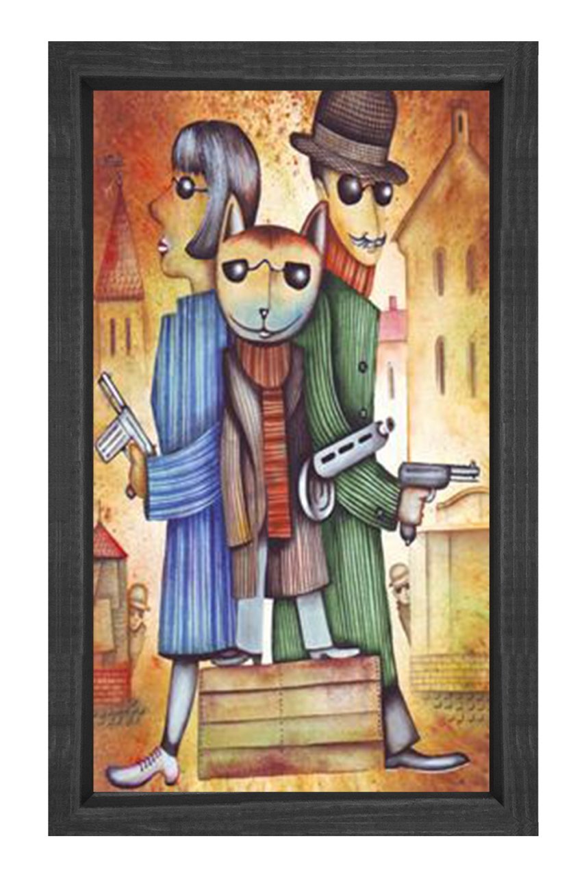 Kedi ve Silahşörler Tablosu Siyah Ahşap Çerçeve - 100x150