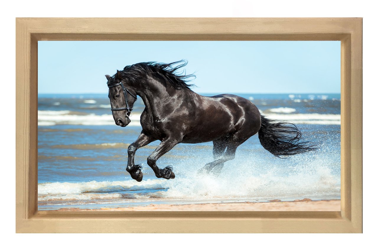 Siyah at Tablosu Naturel Ahşap Çerçeve - 45x30