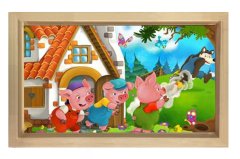 Üç Küçük Domuzcuk Ve Kurt Tablosu Naturel Ahşap Çerçeve - 40x60