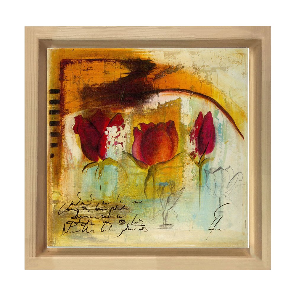 Dekoratif Gül Çiçekleri Tablosu Naturel Ahşap Çerçeve - 100x100