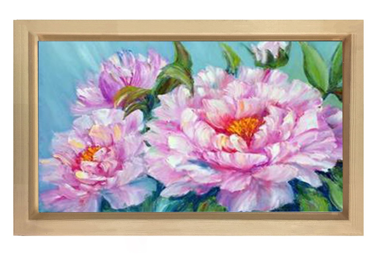Pembe Mor Çiçek Gülleri Tablosu Naturel Ahşap Çerçeve - 70x100