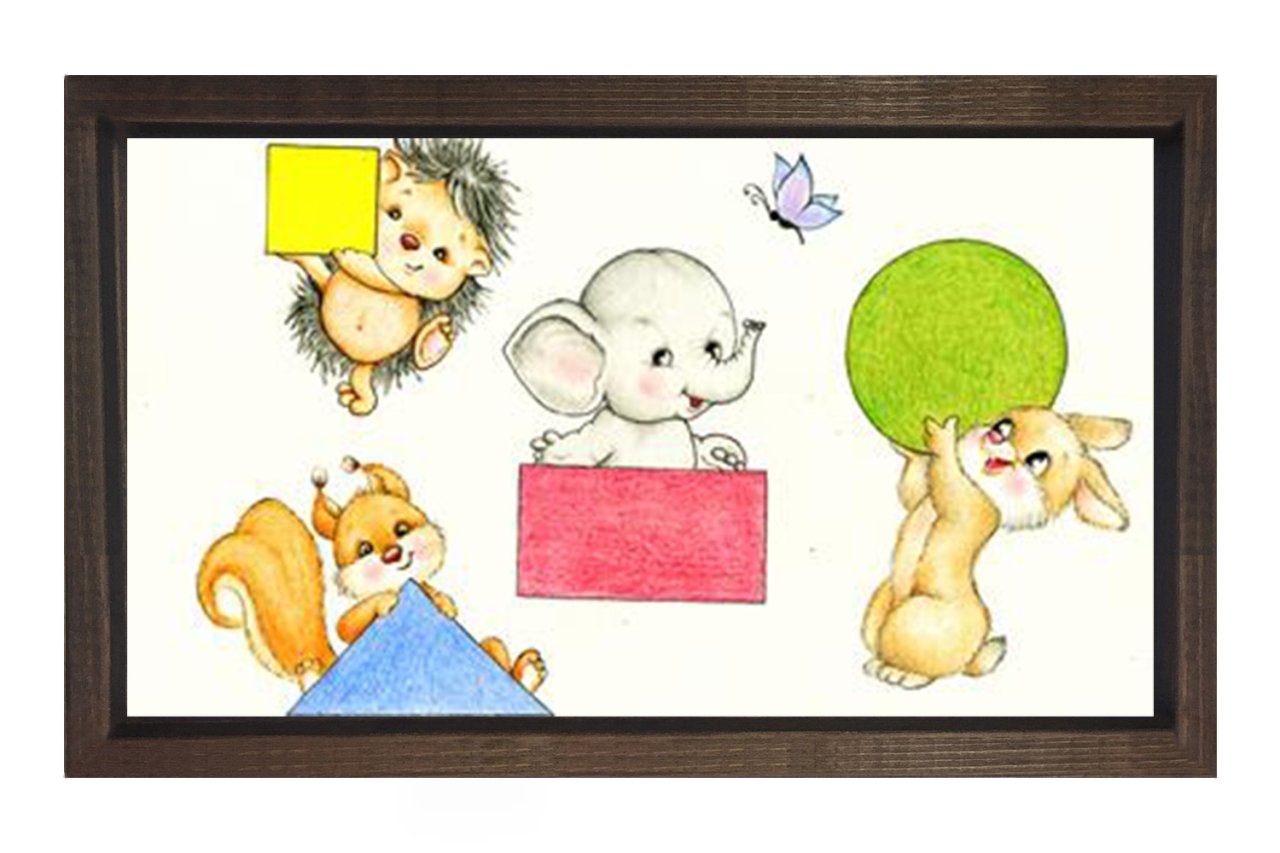 Hayvanlar Ve Renkli Şekiller Tablosu Kahverengi Ahşap Çerçeve - 50x90