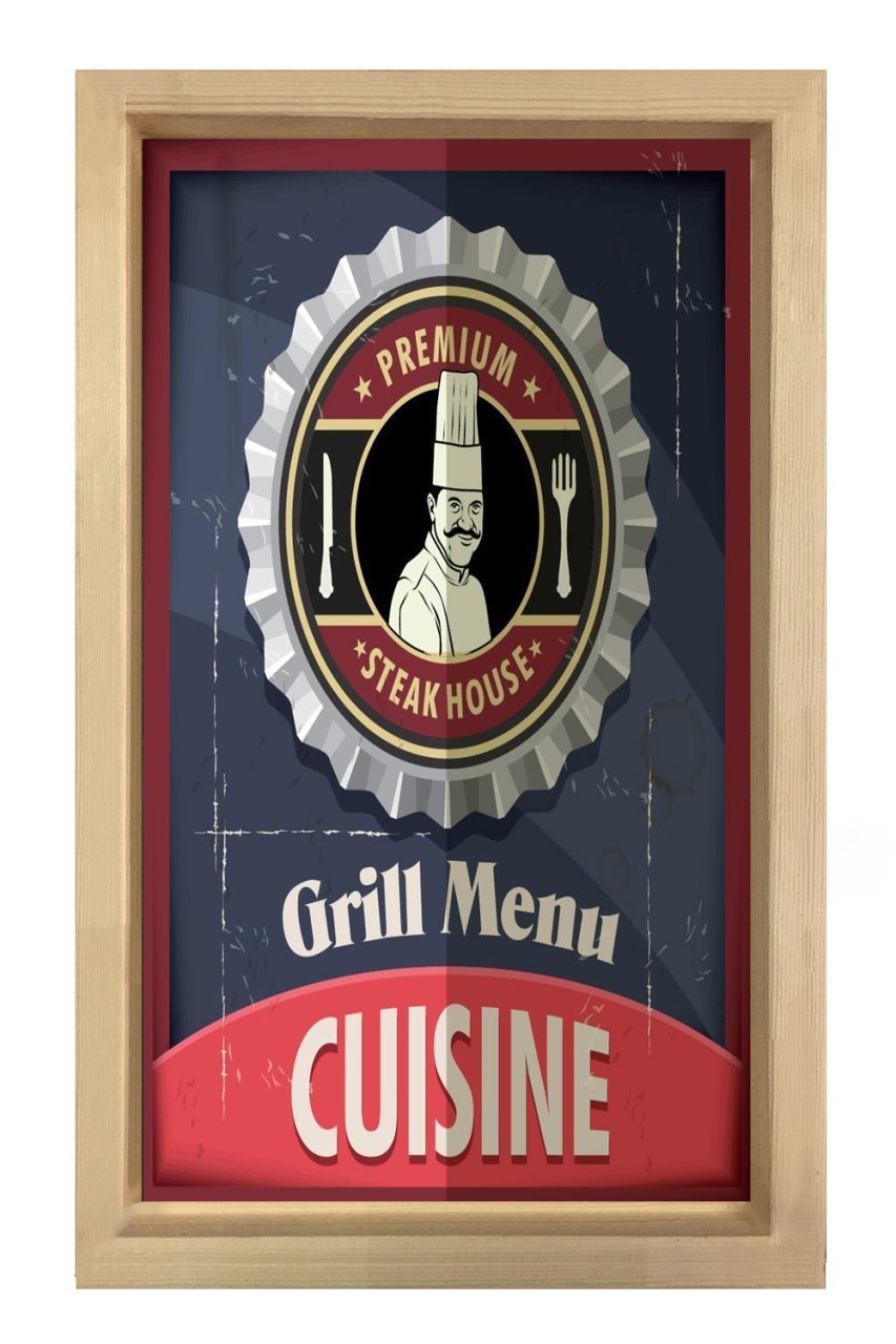 Steak House Menu Reklam Afiş Tablosu Naturel Ahşap - 45x30