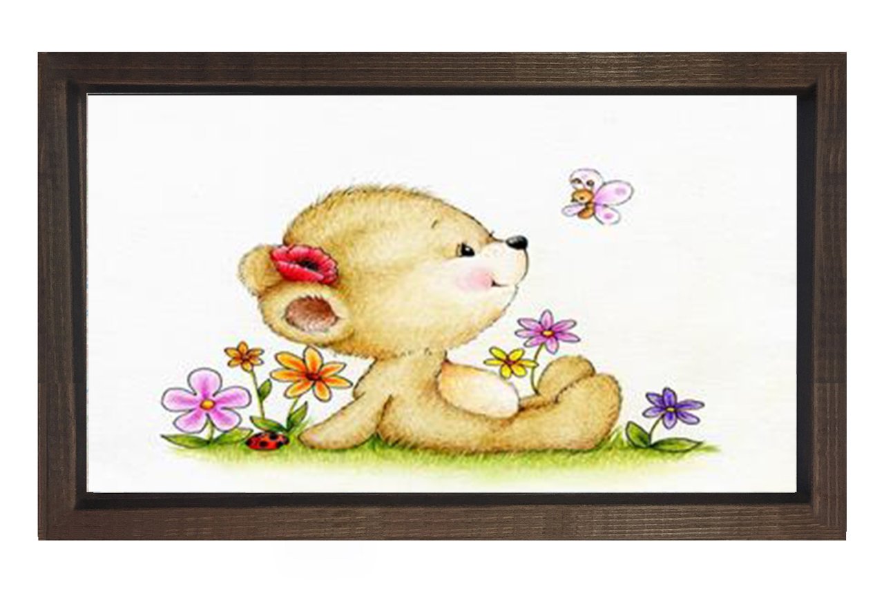 Çiçekli Ayıcık Ve Kelebek Tablosu Kahverengi Ahşap Çerçeve - 45x30