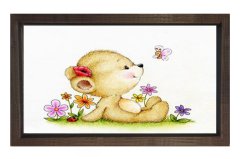 Çiçekli Ayıcık Ve Kelebek Tablosu Kahverengi Ahşap Çerçeve - 50x70