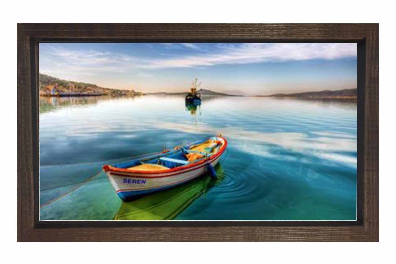 Göl Kayık Muhtesem Manzara Tablosu Kahverengi Ahşap Çerçeve - 100x150