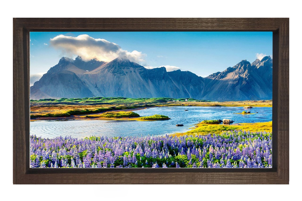 Çiçekli Göl Ve Dağ Manzarası Tablosu Kahverengi Ahşap - 50x70