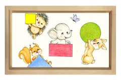 Hayvanlar Ve Renkli Şekiller Tablosu Naturel Ahşap Çerçeve - 45x30
