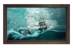 Fırtınalı Bir Deniz ve Yelkenli Tablosu Kahverengi Ahşap Çerçeve - 100x150