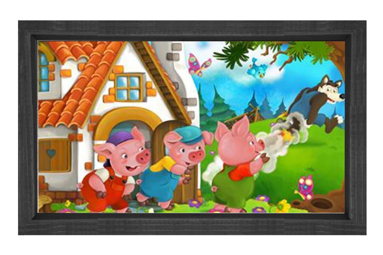 Üç Küçük Domuzcuk Ve Kurt Tablosu Siyah Ahşap Çerçeve - 50x70