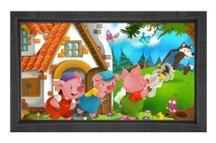 Üç Küçük Domuzcuk Ve Kurt Tablosu Siyah Ahşap Çerçeve - 50x70