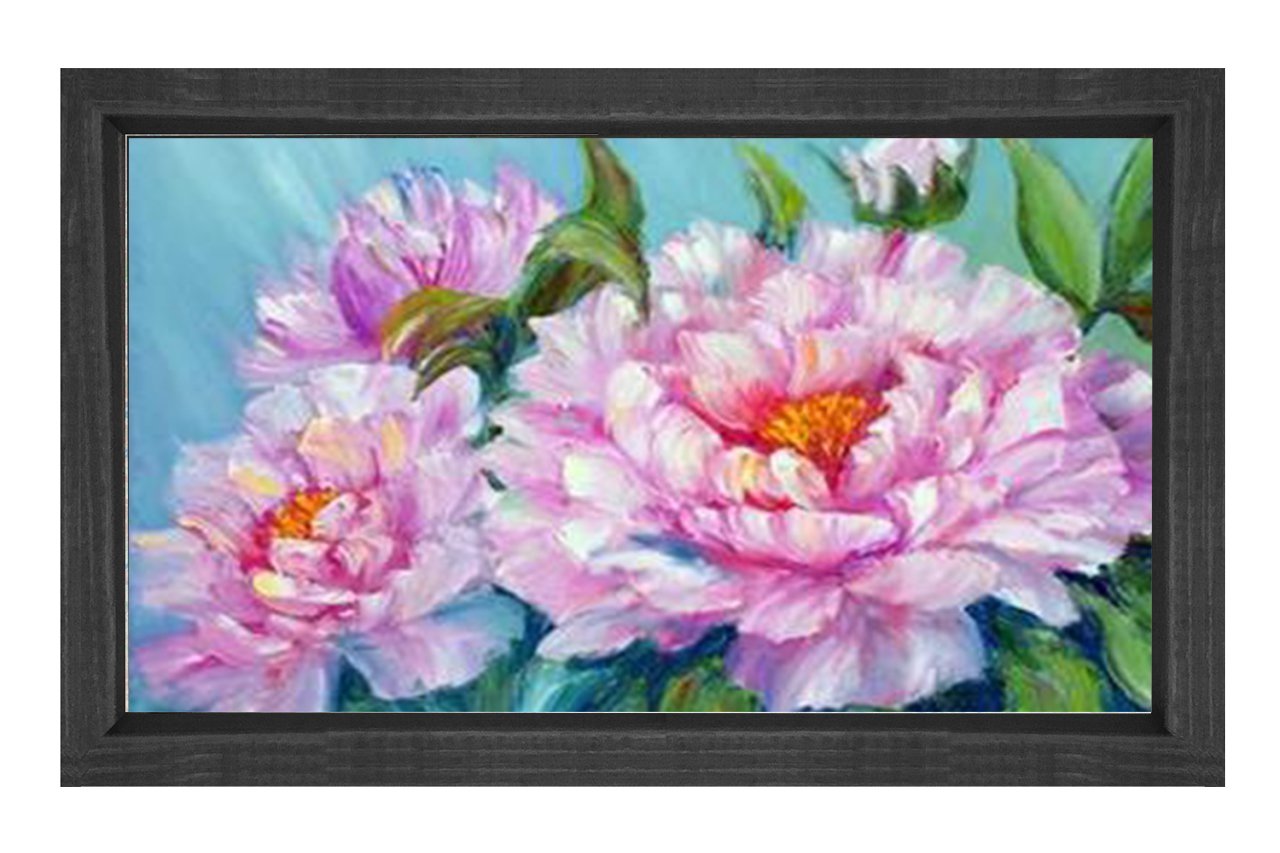 Pembe Mor Çiçek Gülleri Tablosu Siyah Ahşap Çerçeve - 50x90