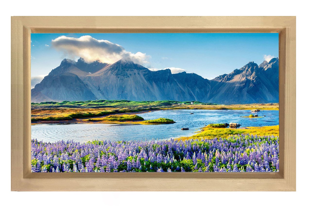 Çiçekli Göl Ve Dağ Manzarası Tablosu Naturel Ahşap - 100x200