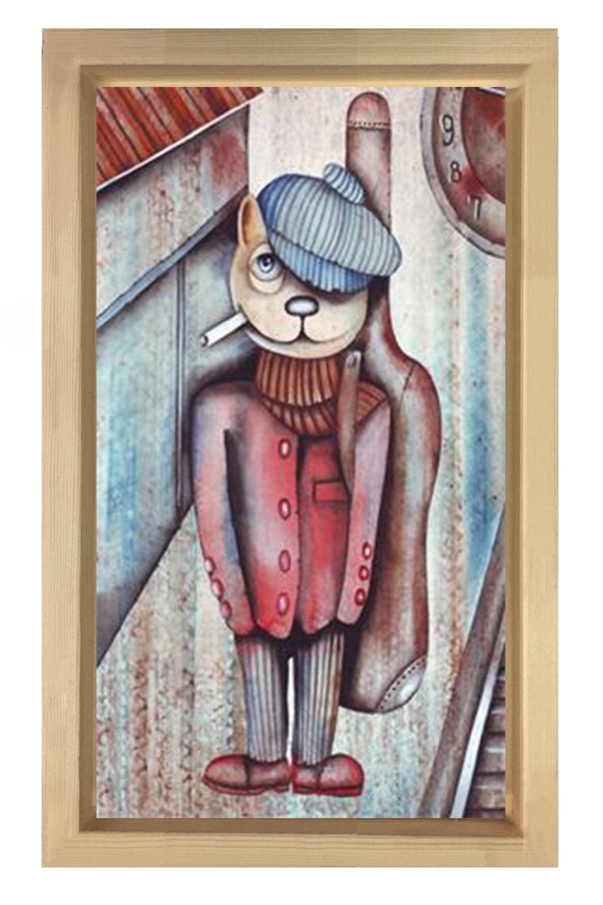 Sigara İçen Kedi Tablosu Naturel Ahşap Çerçeve - 50x70