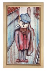 Sigara İçen Kedi Tablosu Naturel Ahşap Çerçeve - 50x70
