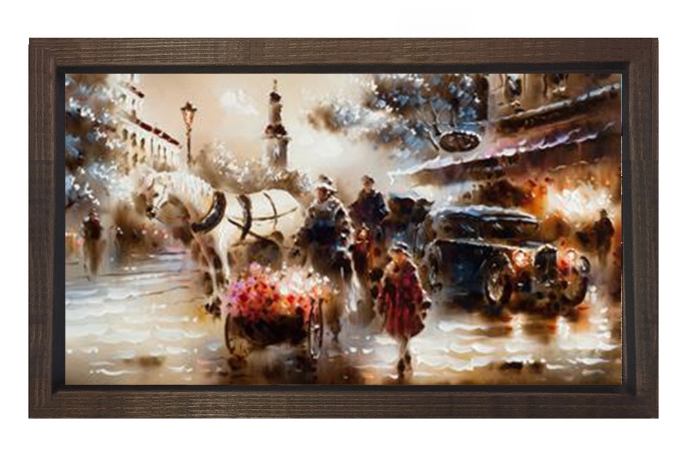 Vintage Şehir Manzarası Tablosu Kahverengi Ahşap - 100x150