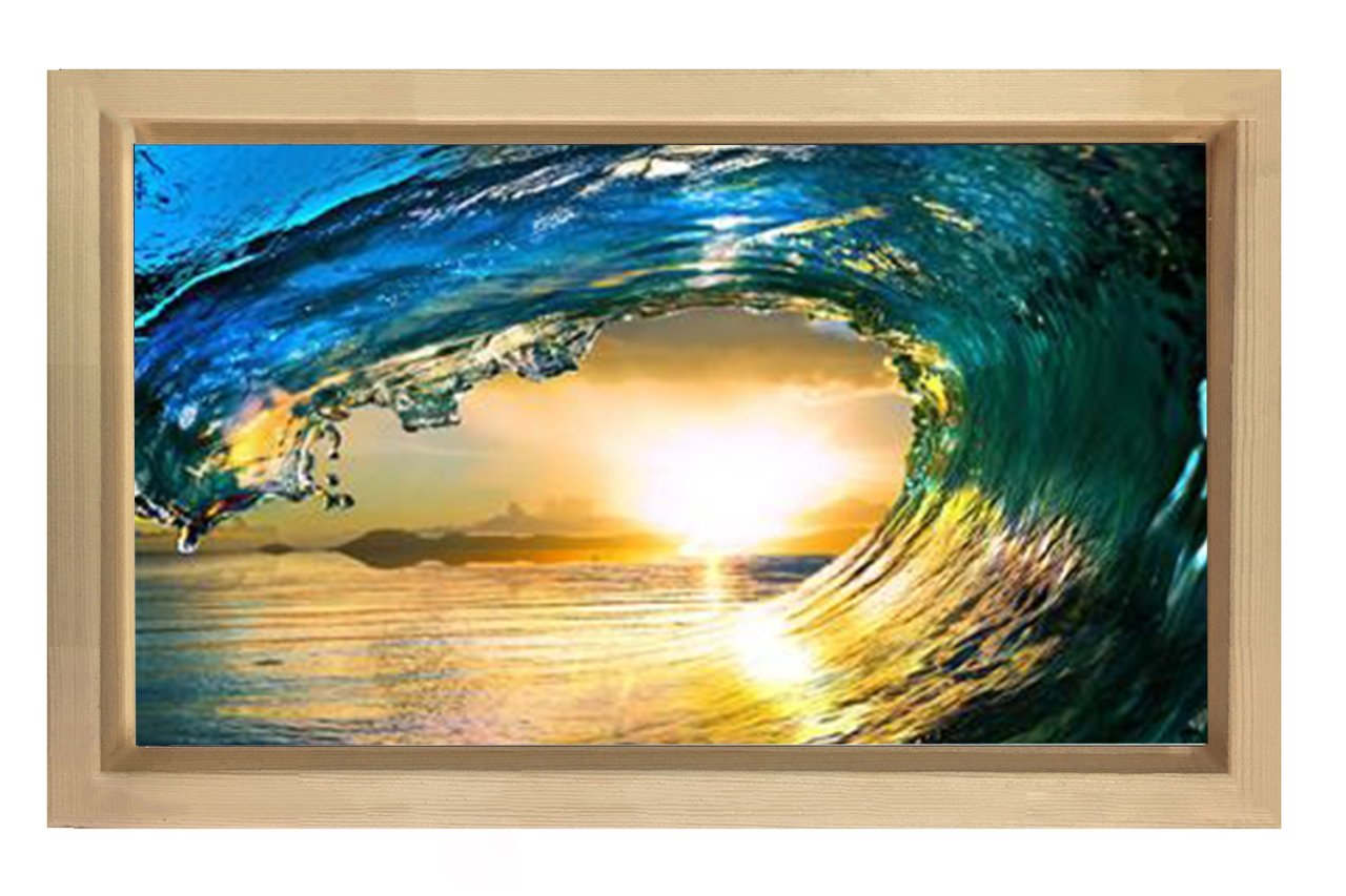 Deniz Dalgası Ve Güneş Tablosu Naturel Ahşap Çerçeve - 70x100