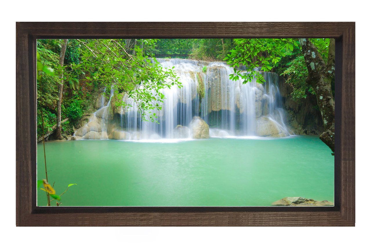 Yeşil Şelale Manzarası Tablosu Kahverengi Ahşap Çerçeve - 70x100