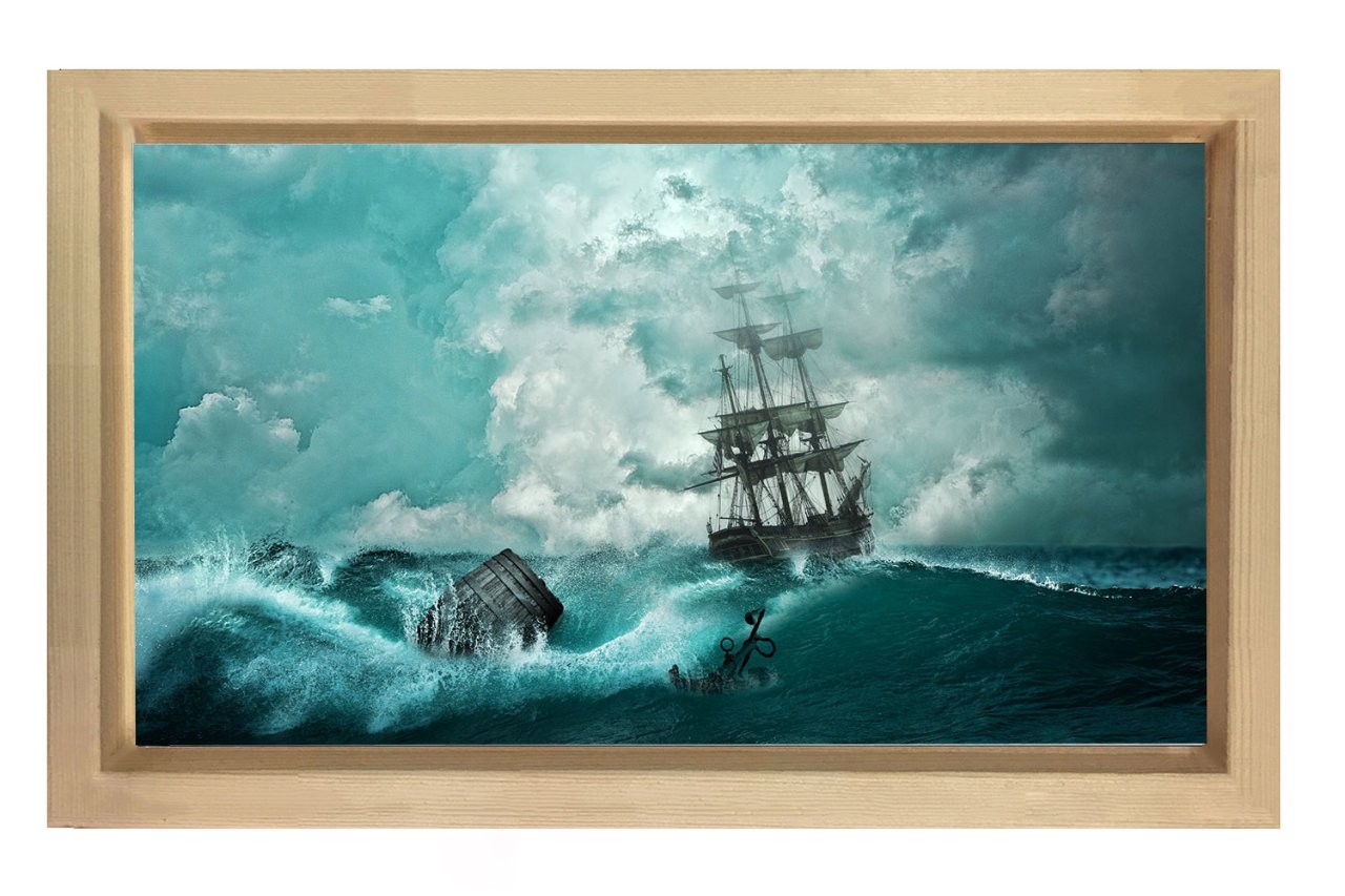 Fırtınalı Bir Deniz ve Yelkenli Tablosu Naturel Ahşap Çerçeve - 40x60