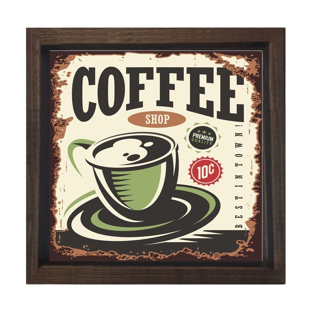 Coffee Reklam Afişi Tablosu Kahverengi Ahşap Çerçeve - 80x80