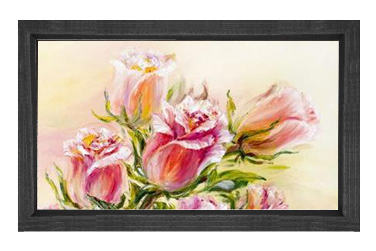 Pembe Gül Çiçekler Tablosu Siyah Ahşap Çerçeve - 100x200