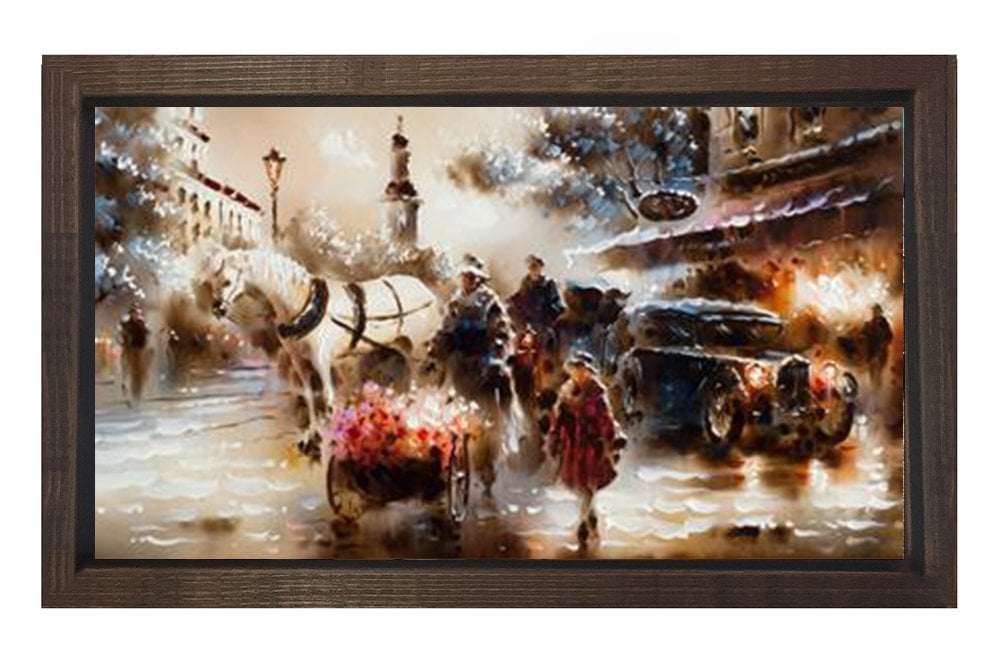 Vintage Şehir Manzarası Tablosu Kahverengi Ahşap - 50x70