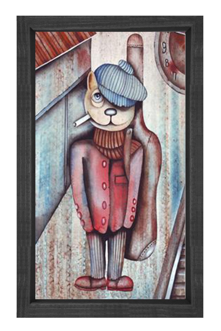 Sigara İçen Kedi Tablosu Siyah Ahşap Çerçeve - 50x70