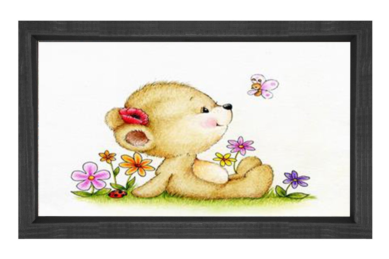 Çiçekli Ayıcık Ve Kelebek Tablosu Siyah Ahşap Çerçeve - 45x30