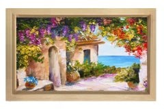 Çiçekli Manzara Yağlıboya Tablosu Naturel Ahşap Çerçeve - 100x150