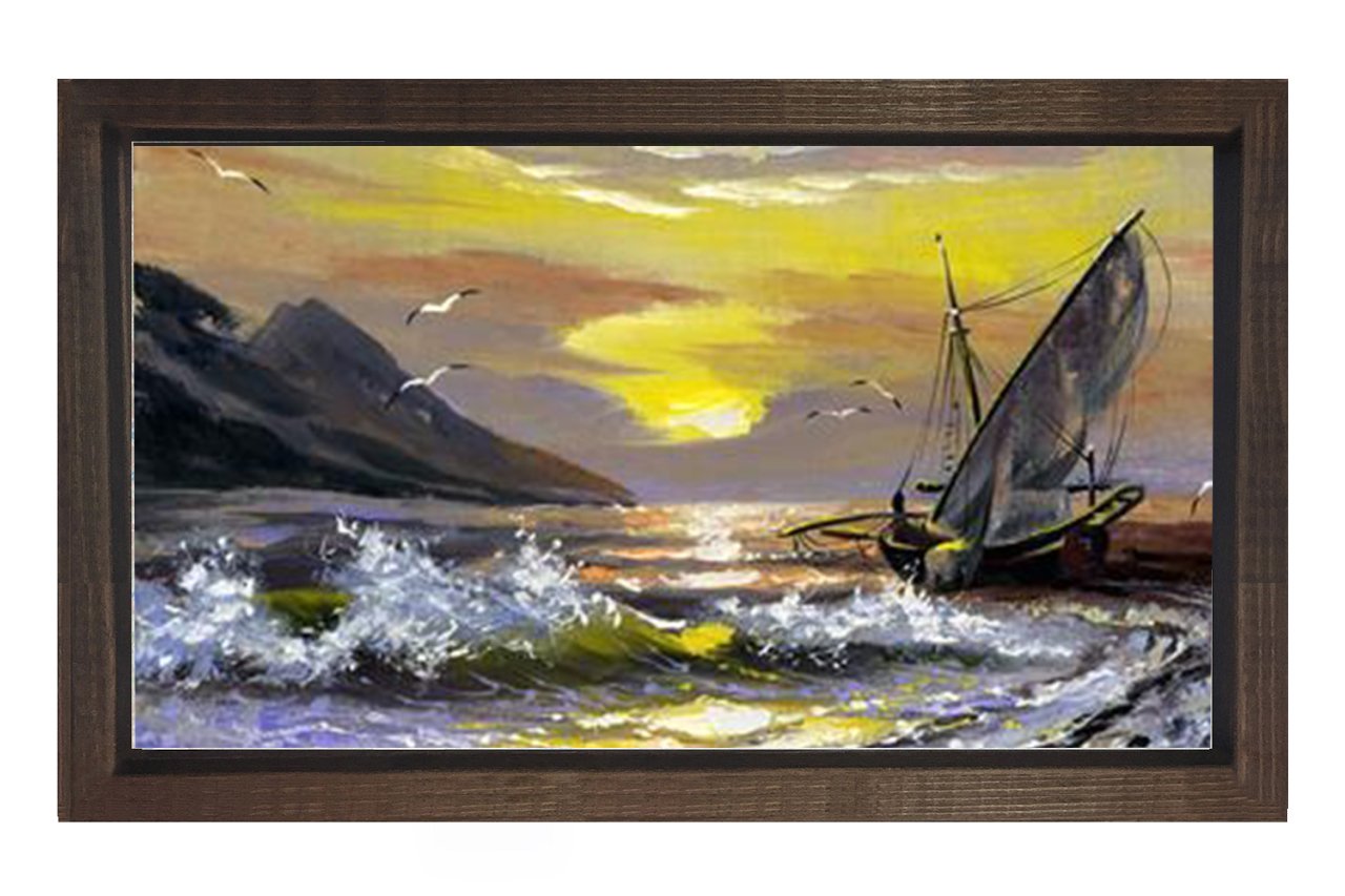 Gemi Manzara Reprödiksiyon Tablosu Kahverengi Ahşap Çerçeve - 40x60