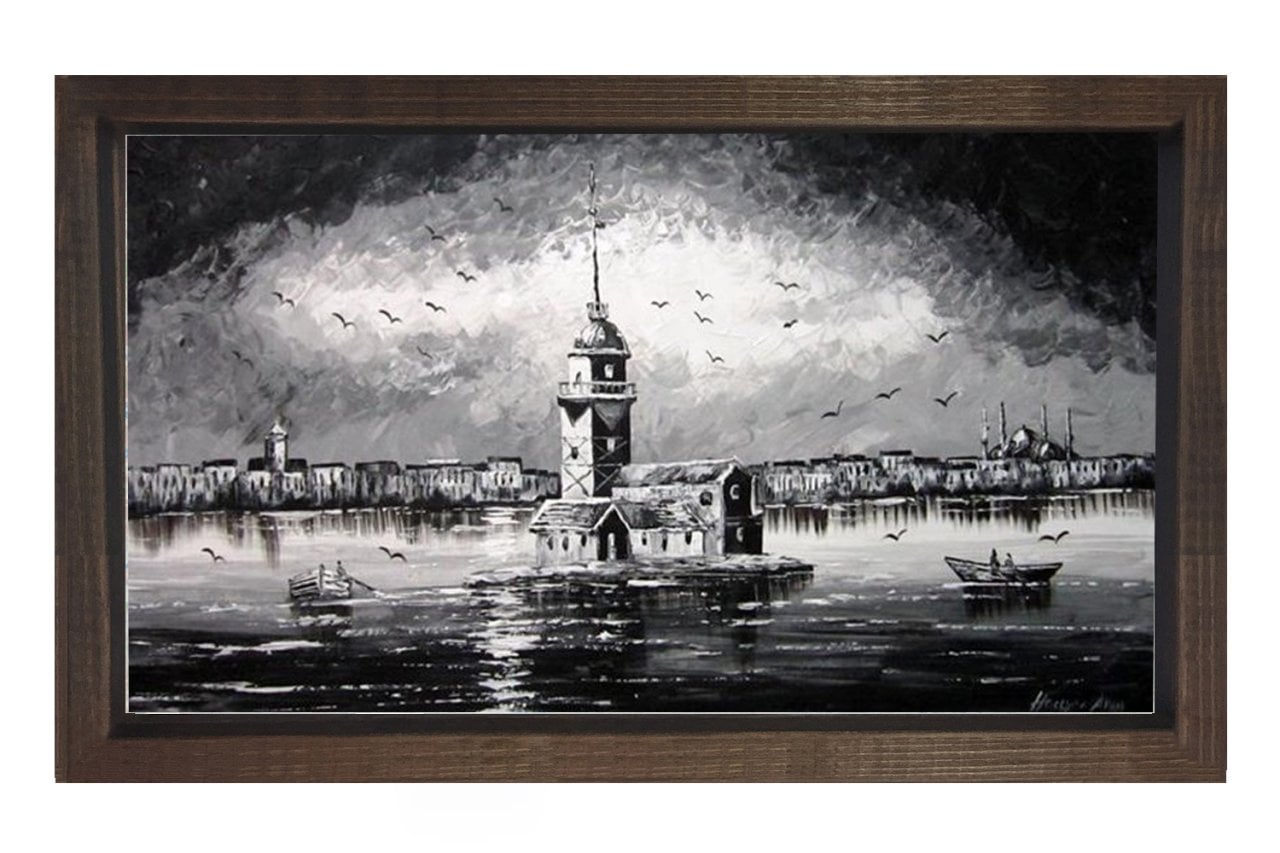 Kız Kulesi Siyah Beyaz Tablosu Kahverengi Ahşap - 100x150