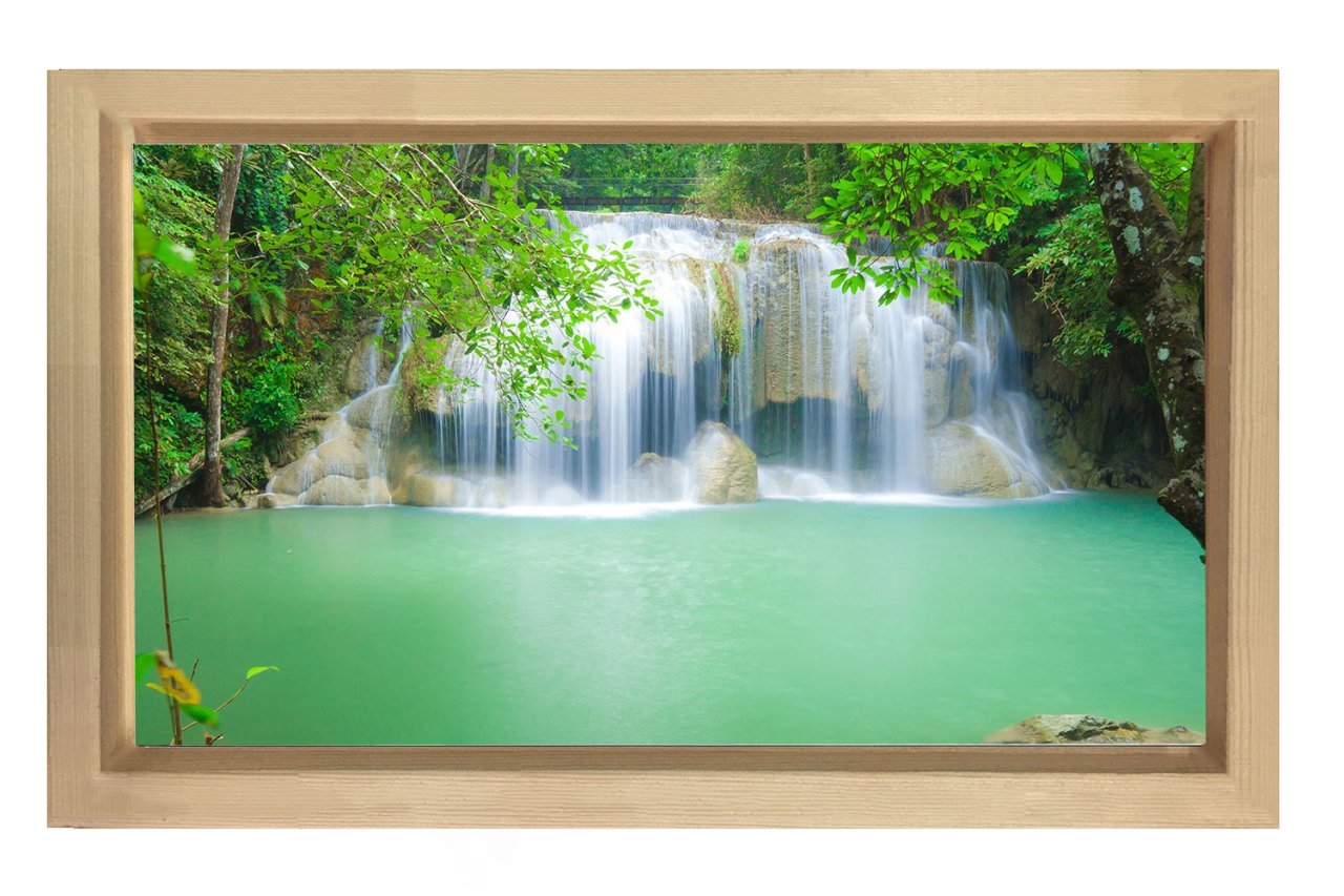 Yeşil Şelale Manzarası Tablosu Naturel Ahşap Çerçeve - 45x30