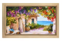 Çiçekli Manzara Yağlıboya Tablosu Naturel Ahşap Çerçeve - 45x30